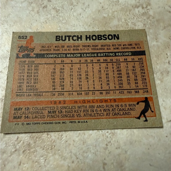Topps Butch Hobson Baseball Card with Red and Black Text - Picture 2 of 2